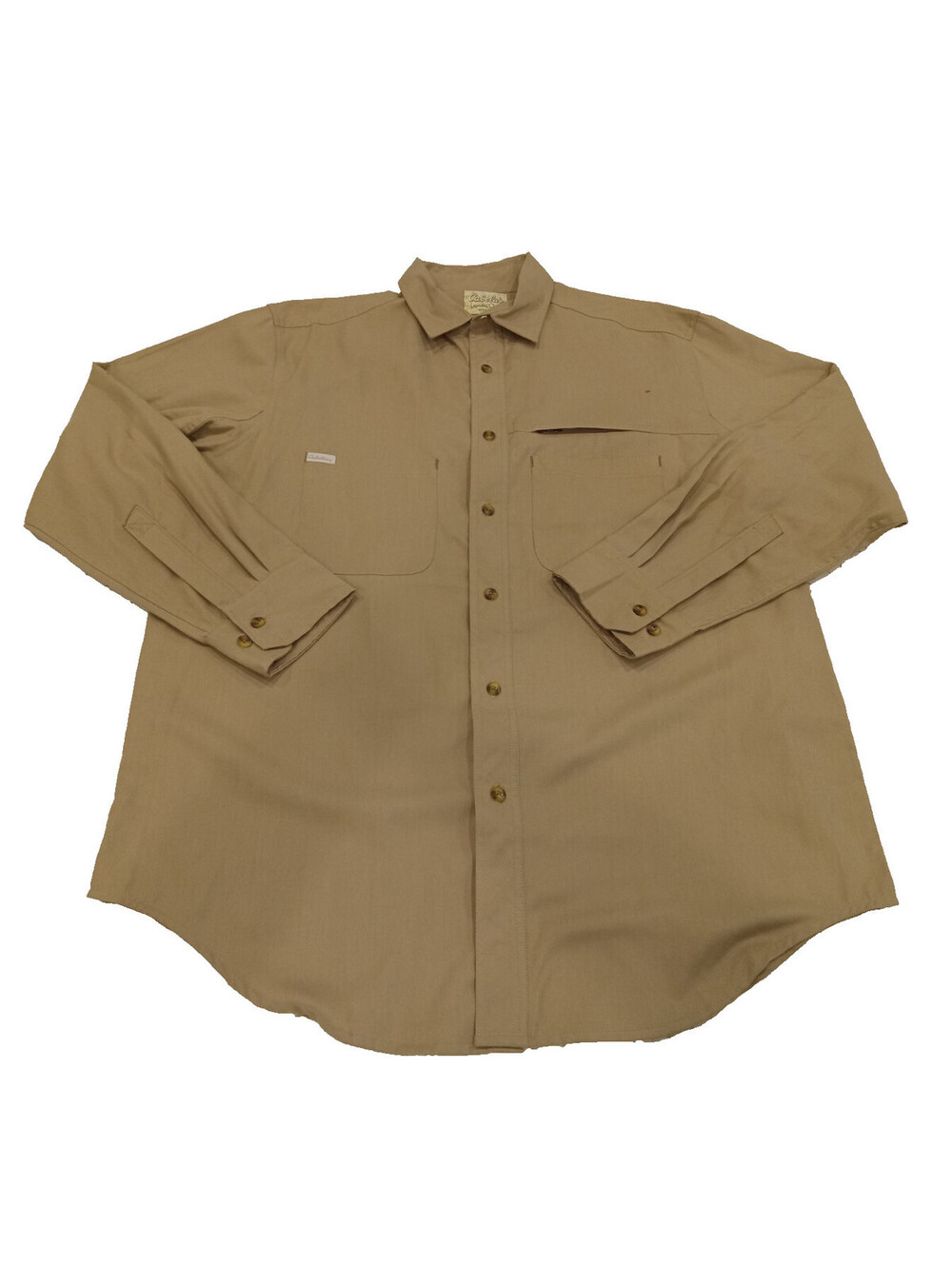 Cabelas Trail Shirt Mens Large Tan Khaki Zipper Pocket Long Sleeve Button Down